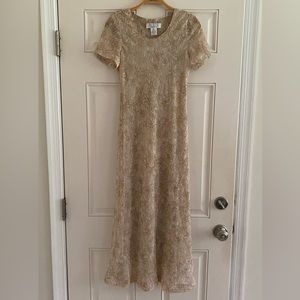 Vintage 90s Lisa Dress Maxi Tan Beige Floral Fairy Whimsigoth Sheer Overlay Zero